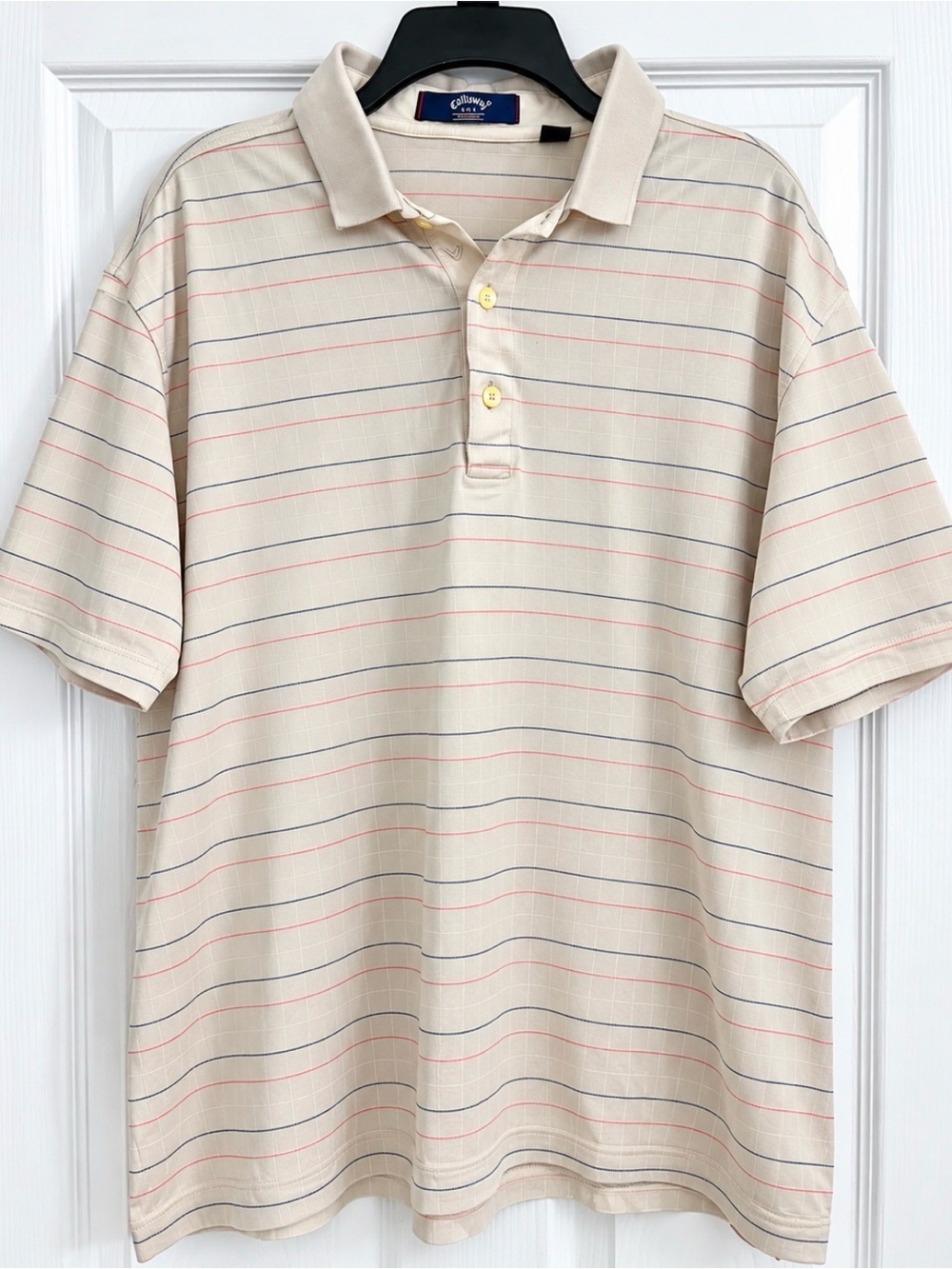 Callaway Beige Polo with Red and Navy Stripe Detail